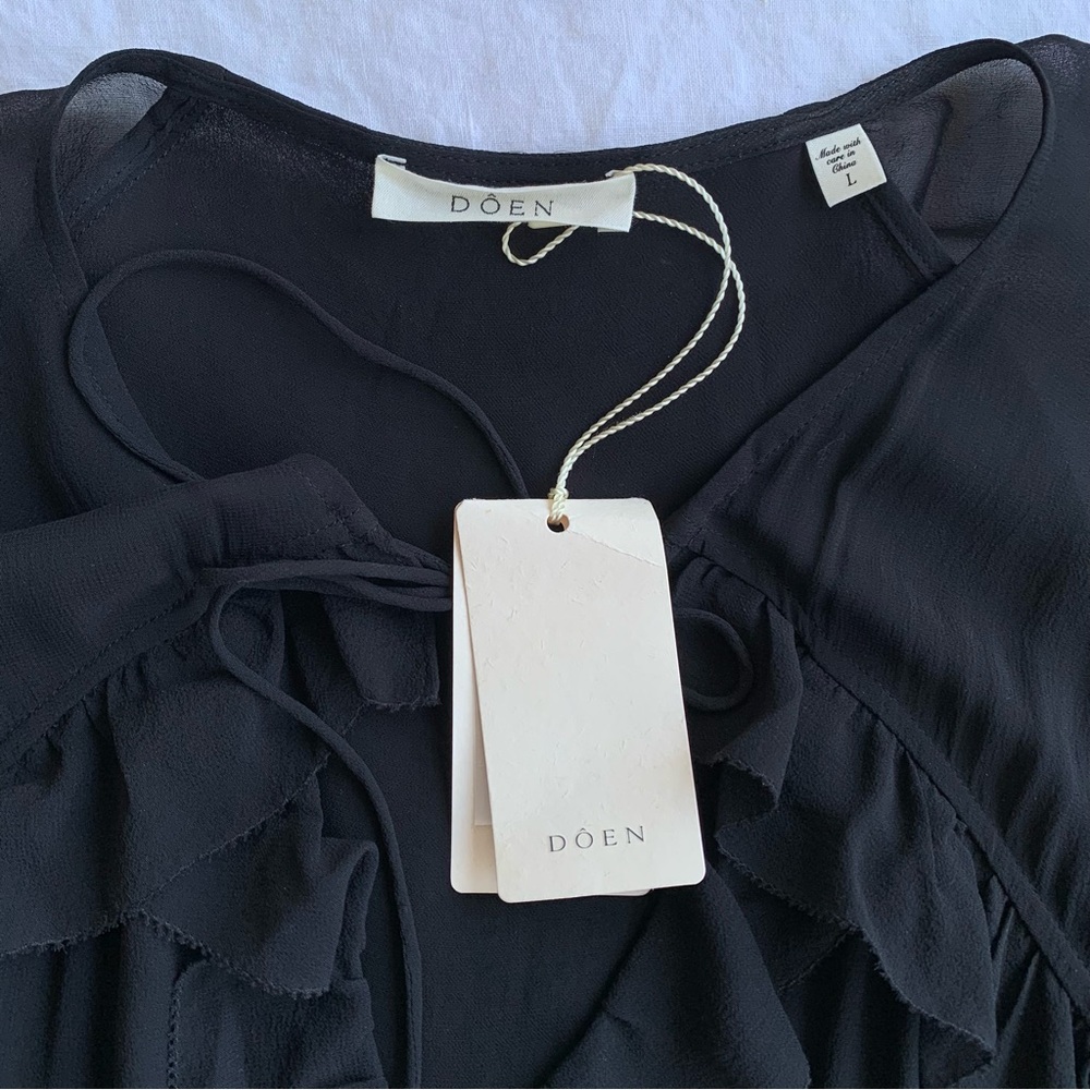 NWT Doen Clarisse Silk Ruffle Flowy Sheer Long Sleeve Mini Dress Black - Picture 11 of 15